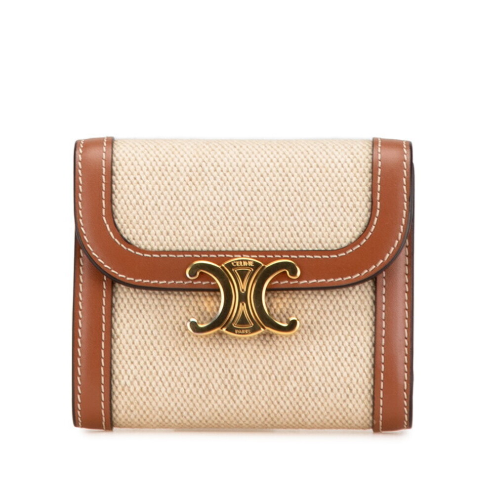 Celine Triomphe Flap Wallet Bifold Beige Tan Brown Leather